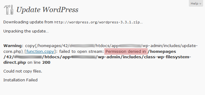 Wordpress update FAIL